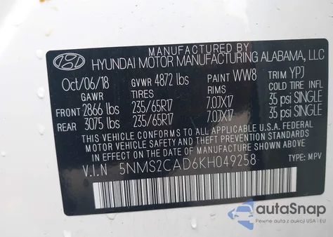 2019 Hyundai Santa Fe Se z USA, uszkodzony, nr VIN 5NMS2CAD6KH049258